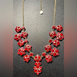 Monet Ruby Red Glass Rhinestones Dangle Drop Gold Tone Statement Necklace